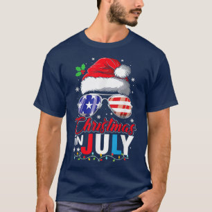 Christmas in July Santa Hat USA Flag Sunglasses T-Shirt