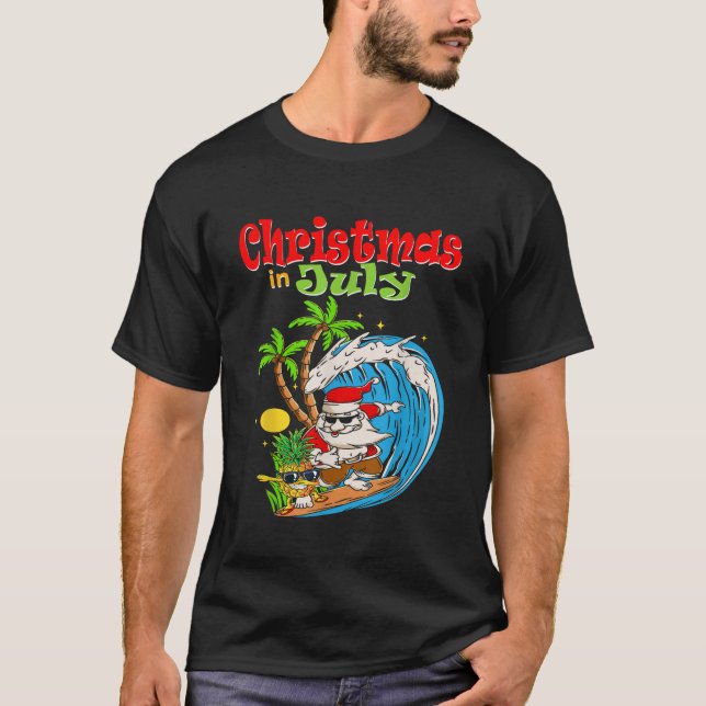 Christmas in July Santa Hawaiian Summer Surf Surfi T-Shirt (Front)