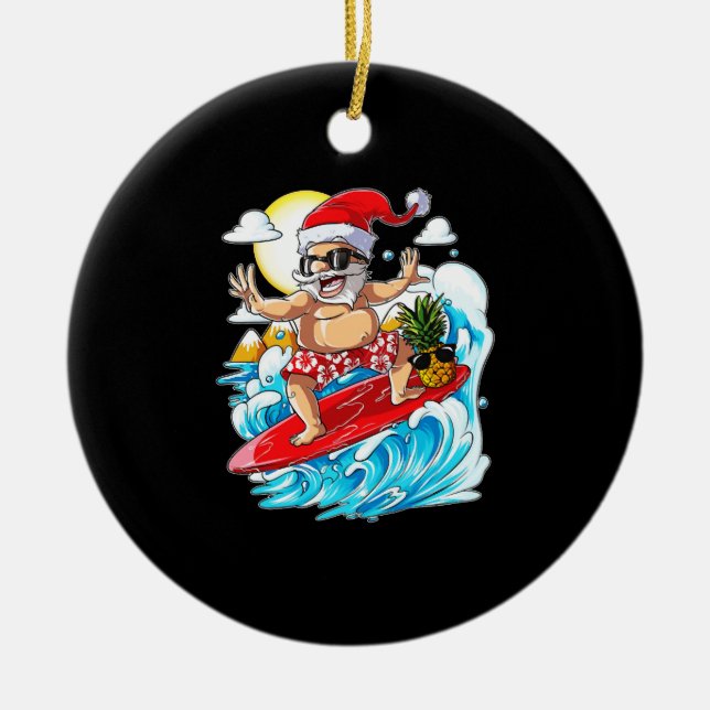Christmas in July Santa Hawaiian Surfing Ceramic Tree Decoration (Front)