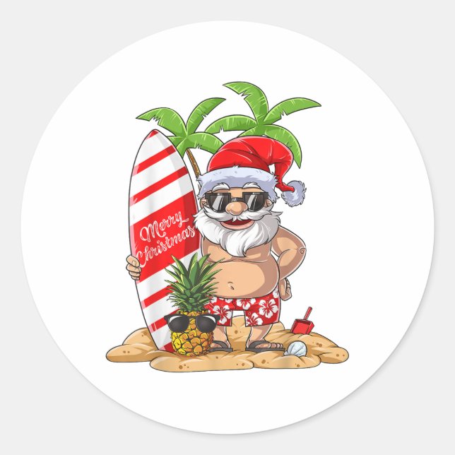 Christmas In July Santa Hawaiian Surfing Gifts Sum Classic Round Sticker (Front)