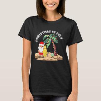Christmas In July Santa Holding Surf Board On Trop T-Shirt