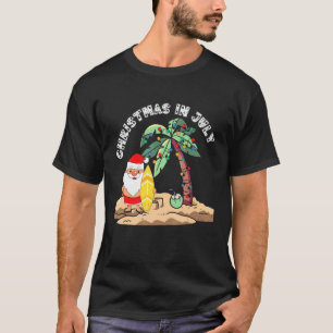 Christmas In July Santa Holding Surf Board On Trop T-Shirt