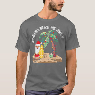 Christmas in July Santa Holding Surf Board on Trop T-Shirt
