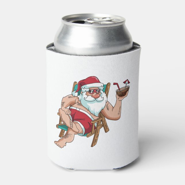 Christmas in July Santa on Beach Independence Day Can Cooler (Can Front)