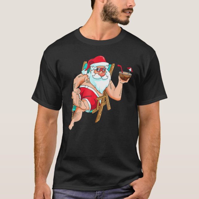 Christmas in July Santa on Beach Independence Day T-Shirt (Front)