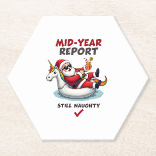 Christmas In July Santa on Unicorn Pool Float Stil Paper Coaster