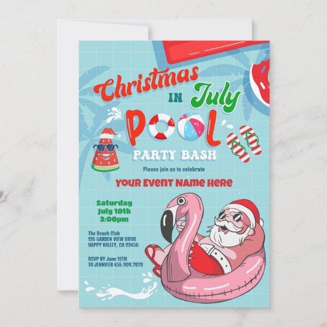 Christmas In July Santa Pool Party Kid Adult Invitation (Front)
