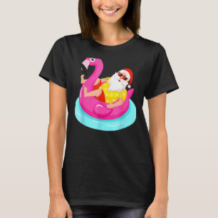 Christmas In July Santa Relaxing On A Flamingo Flo T-Shirt