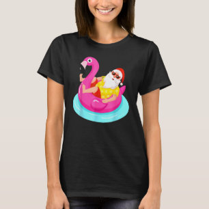 Christmas In July Santa Relaxing On A Flamingo Flo T-Shirt