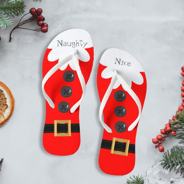 Christmas in July Santa Suit Naughty or Nice Red Jandals (Naughty and Nice festive flip flops just for you)