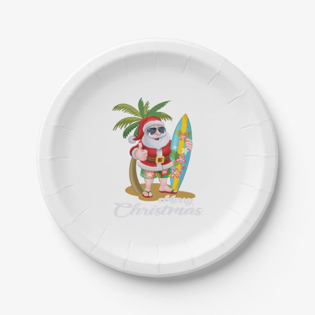 Christmas in July Santa Surf Hawaiian Men Summer Paper Plate (Front)