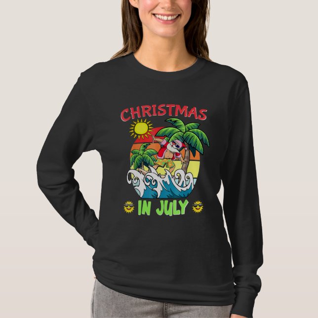 Christmas In July  Santa Surfing Summer Beach Vaca T-Shirt (Front)