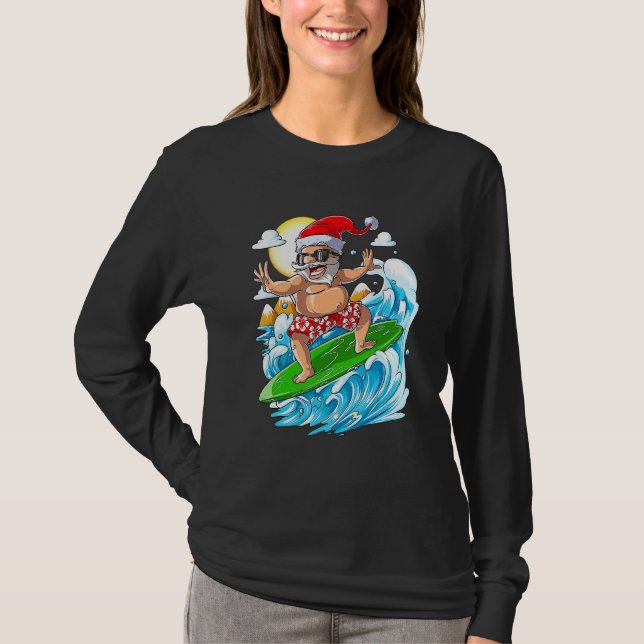 Christmas In July  Santa Surfing Summer Vacation T-Shirt (Front)