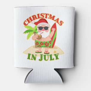 Christmas in July Santa with Surfboard Can Cooler