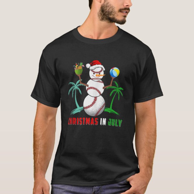 Christmas in July Snowman Baseball Player Fan Love T-Shirt (Front)