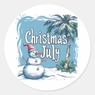 Christmas in July Snowman & Palm Tree Design Classic Round Sticker