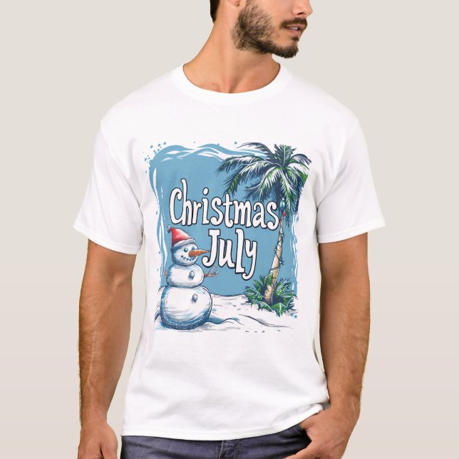 Christmas in July Snowman & Palm Tree Design T-Shirt (Front)