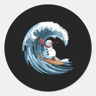 Christmas In July Snowman Surfing Surfboard Beach Classic Round Sticker