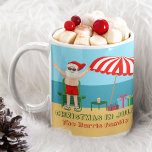 Christmas in July Summer Santa Claus Beach House Coffee Mug<br><div class="desc">This cute custom Christmas in July mug makes a perfect summer party favour gift for a beach bash or pool gathering. Make it a fun north pole themed extravaganza with Santa Claus in his swimming trunks next to a red and white striped beach umbrella and gifts. I've never seen Mr....</div>