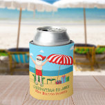 Christmas in July Summer Santa Claus Beach Party Can Cooler<br><div class="desc">This cute custom Christmas in July can cooler makes a perfect summer party favour for a beach bash or pool gathering. Make it a fun north pole themed extravaganza with Santa Claus in his swimming trunks next to a red and white striped beach umbrella and gifts. I've never seen Mr....</div>