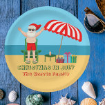 Christmas in July Summer Santa Claus Beach Party Paper Plate<br><div class="desc">This cute custom Christmas in July paper plate makes perfect summer party decor for a beach bash or pool gathering. Make it a fun north pole themed extravaganza with Santa Claus in his swimming trunks next to a red and white striped beach umbrella and gifts. I've never seen Mr. Klaus...</div>