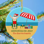 Christmas in July Summer Santa Claus Cute Beach Ceramic Tree Decoration<br><div class="desc">This cute custom Christmas in July ornament makes a perfect summer party gift for a beach bash or pool gathering. Make it a fun north pole themed extravaganza with Santa Claus in his swimming trunks next to a red and white striped beach umbrella and gifts. I've never seen Mr. Klaus...</div>