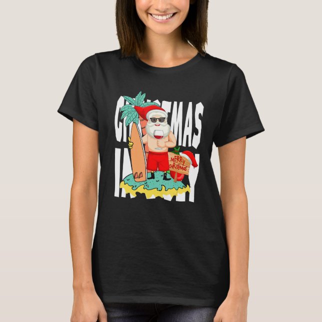 Christmas In July  Summer Santa Surfing Beach Vaca T-Shirt (Front)