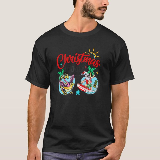 Christmas In July Sunglasses Flamingo Santa Surfin T-Shirt (Front)
