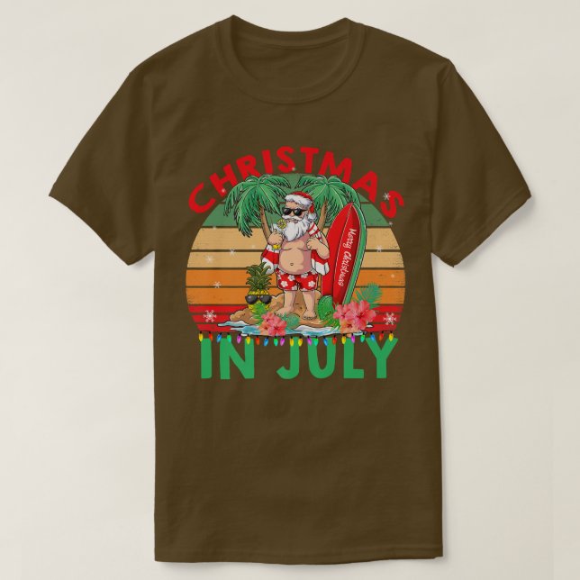 Christmas In July Surfing Funny Santa Summer Beach T-Shirt (Design Front)