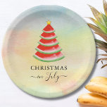 Christmas in July Watermelon Christmas Tree Paper Plate<br><div class="desc">These fun Christmas in July Paper Plates are decorated with a red watercolor watermelon Christmas tree on a colourful background.
Because we create our artwork you won't find this exact image from other designers.
Original Watercolor © Michele Davies.</div>