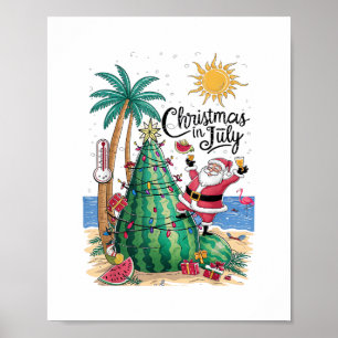 Christmas in July Watermelon Xmas Tree Santa Beach Poster