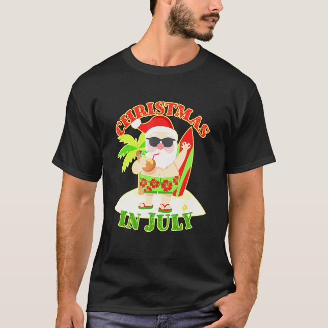 Christmas In July Xmas Santa Surfboard Beach Summe T-Shirt (Front)