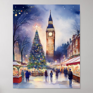 Christmas in London Watercolor Poster