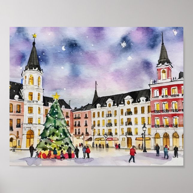 Christmas in Madrid Spain Watercolor Poster (Front)