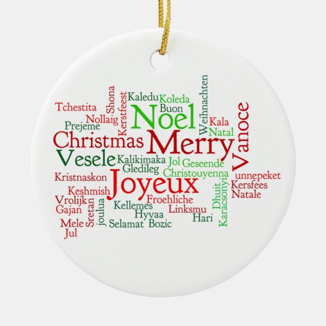 Christmas in many languages ceramic tree decoration (Front)