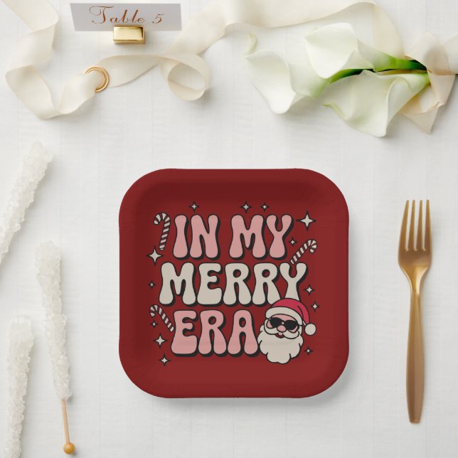 Christmas in My Merry Era Cute Groovy Xmas Paper Plate (Wedding)