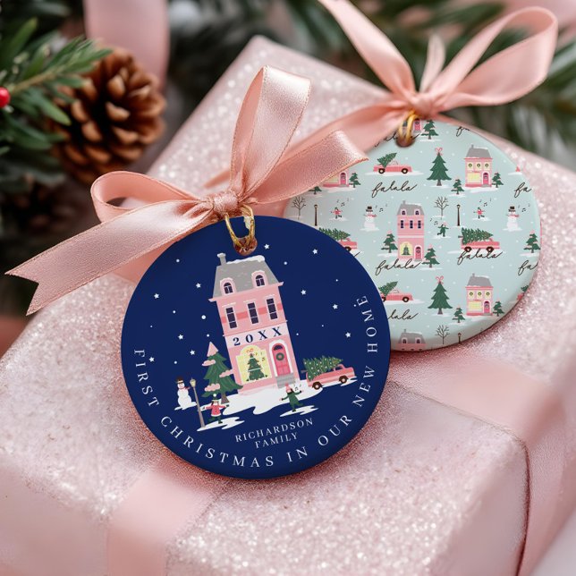 Christmas In New Home Cute Town & Pink Retro Van Ornament (Christmas In New Home Cute Town & Pink Retro Van Ornament)