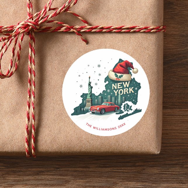 Christmas In New York State Personalised Holiday Classic Round Sticker (Personalize with Family Name and year, or add other text, or delete.  See Collection for other items)