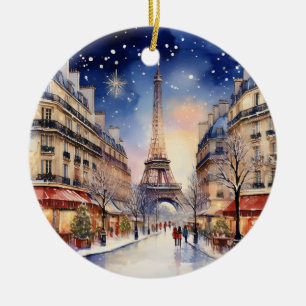 Christmas in Paris Eiffel Tower Watercolor Ceramic Tree Decoration