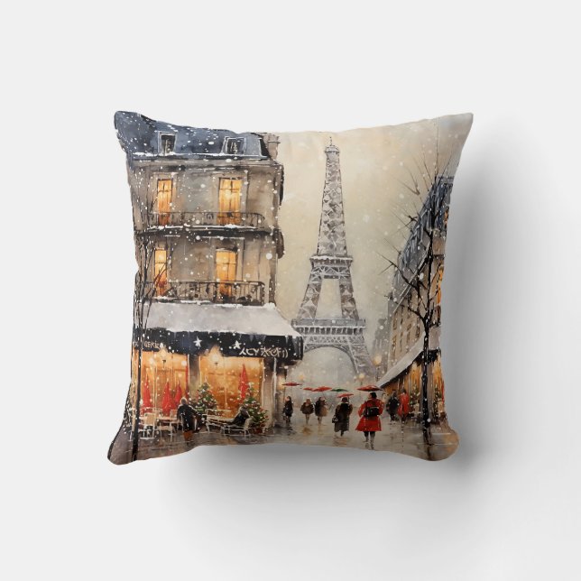 Christmas in Paris, snowing, Cushion (Back)