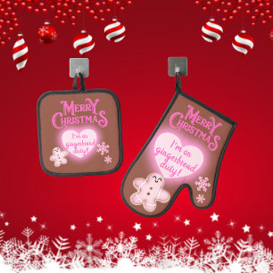 Christmas in Pink I'm on Gingerbread Duty brown   Oven Mitt & Pot Holder Set