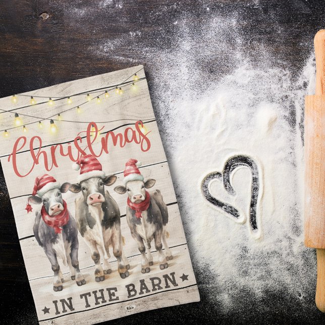 Christmas in the Barn Cows Wearing Santa Hats Tea Towel (Creator Uploaded)