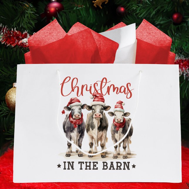 Christmas in the Barn Rustic Cows in Santa Hats Large Gift Bag (Creator Uploaded)