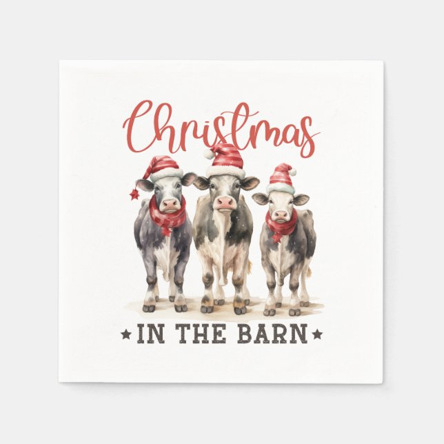 Christmas in the Barn Rustic Cows in Santa Hats Napkin (Front)