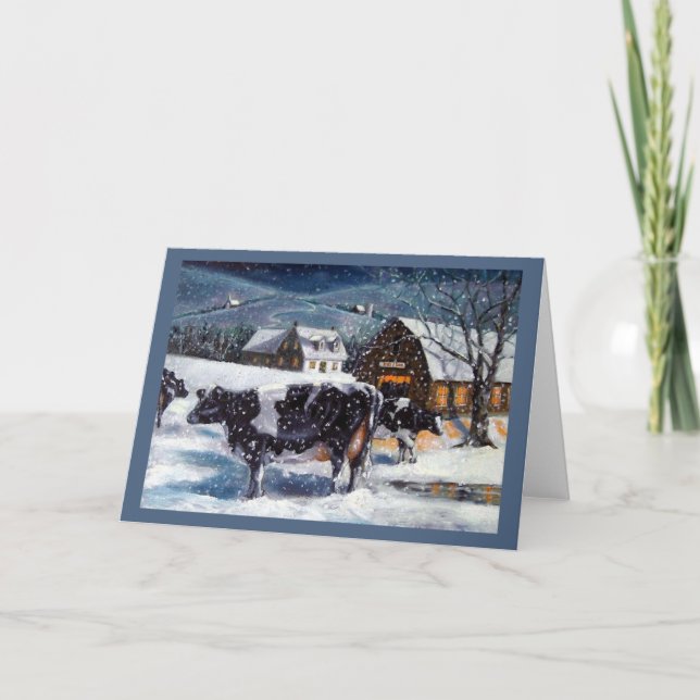 Christmas in the Country, Hostein Cows Painting Holiday Card (Front)