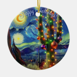 Christmas in the Desert Saguaro Cactus Blue Green Ceramic Tree Decoration