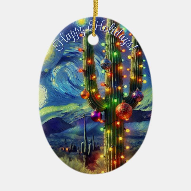 Christmas in the Desert Saguaro Cactus Blue Green Ceramic Tree Decoration (Front)