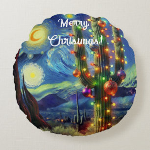 Christmas in the Desert Saguaro Cactus Magnet Round Cushion
