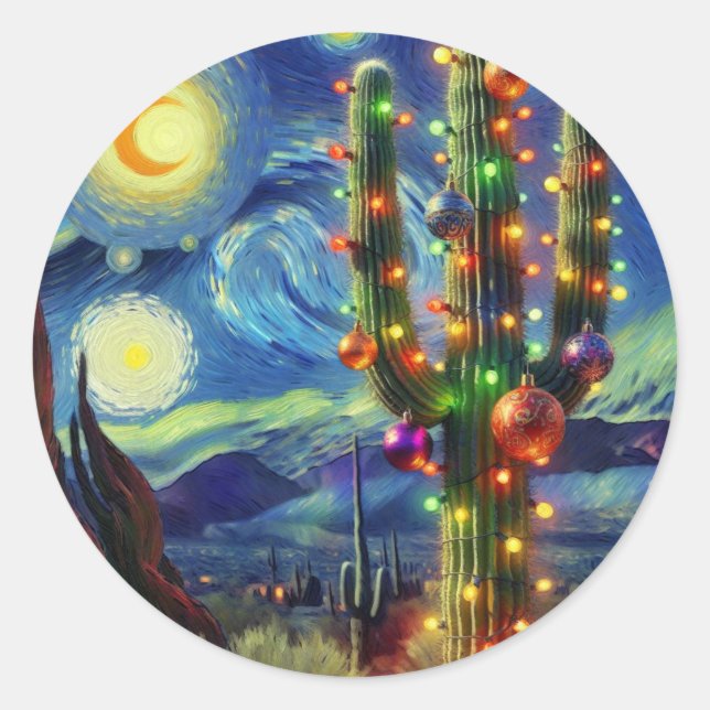 Christmas in the Desert Southwest Saguaro Cactus Classic Round Sticker (Front)