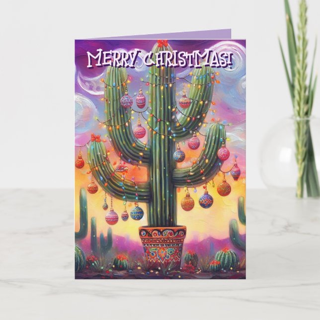 Christmas in the Desert Southwest Saguaro Cactus Holiday Card (Front)